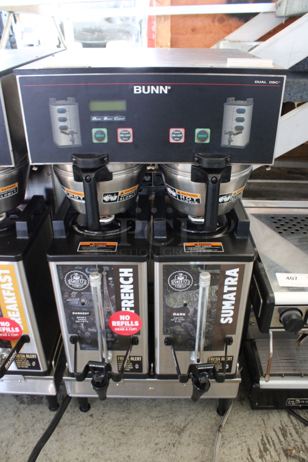 2012 Bunn Model DUAL SH DBC Stainless Steel Commercial Countertop Dual Coffee Machine w/ 2 Stainless Steel Brew Baskets and 2 Bunn Model SH SERVER Satellite Servers. 120/208-240 Volts, 1 Phase. 18x24x36. Tested and Working!