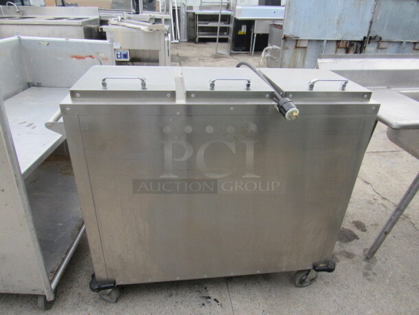 One Stainless Steel Aladdin Temp Rite  Electric Heated Plate Holder, On Casters. #DH08. 208 Volt. 1 Phase. 48X22X43