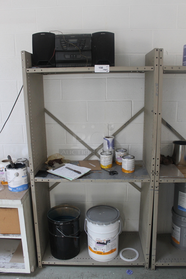 Gray Metal 3 Tier Shelving Unit w/ Contents Including Radio. BUYER MUST REMOVE. - Image 1 of 3
