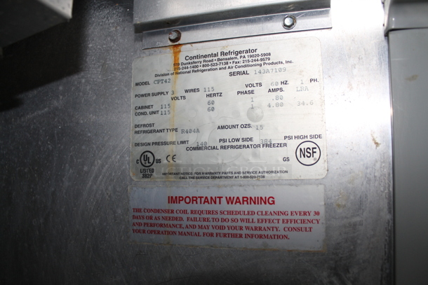 Continental CPT42 Stainless Steel Commercial Pizza Prep Table w/ Over Shelf and Oversized Cutting Board. Tested and Working! - Image 5 of 5