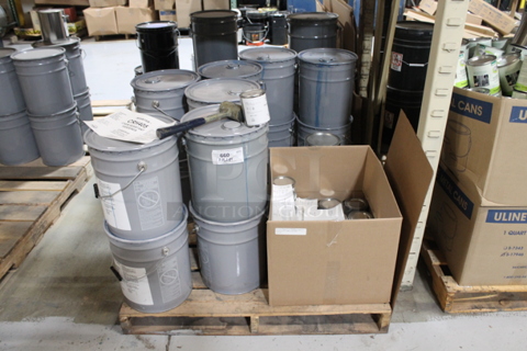 ALL ONE MONEY! PALLET LOT of Various Items Including Gray Buckets of Bonding Primer. BUYER MUST REMOVE.