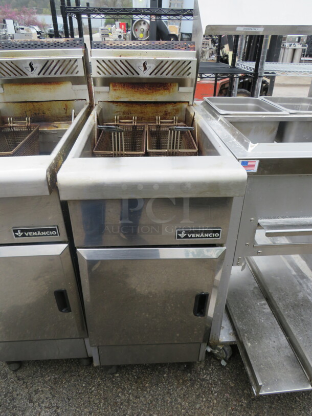 One Venancio Natural Gas Deep Fryer With 2 Baskets. Model# RFB50. WORKING WHEN REMOVED 16X33X47. $2030.00