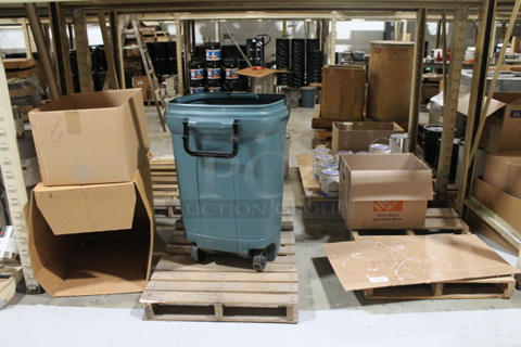 ALL ONE MONEY! TWO PALLET LOT of Various Items Including Poly Trash Can and Cardboard Boxes. BUYER MUST REMOVE.