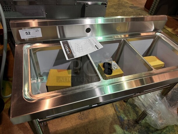 Stainless Steel 3 Compartment Sink, New/Out of box. (Faucet not included) 49X18X35 - Image 4 of 4
