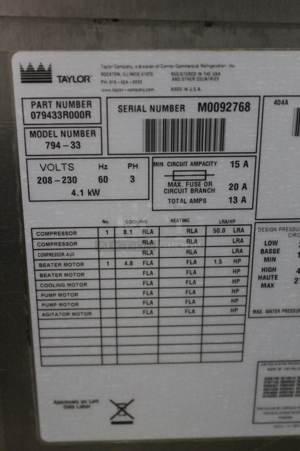 Taylor 794-33 Stainless Steel Commercial Floor Style Water Cooled 2 Flavor w/ Twist Soft Serve Ice Cream Machine on Commercial Casters. 208-230 Volts, 3 Phase. - Image 6 of 7