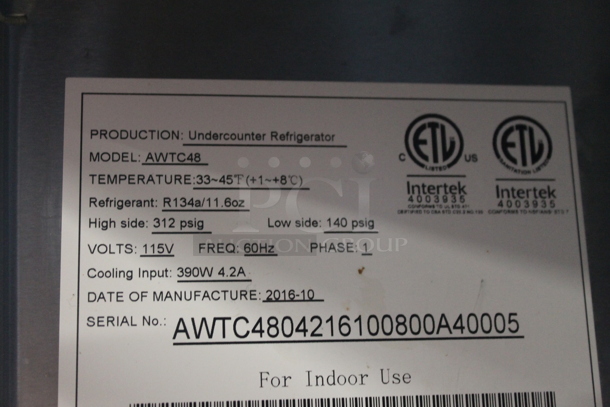 2016 Atosa AWTC48 Stainless Steel Commercial 2 Door Undercounter Cooler on Commercial Casters. 115 Volts, 1 Phase. Tested and Powers On But Does Not Get Cold - Image 5 of 5