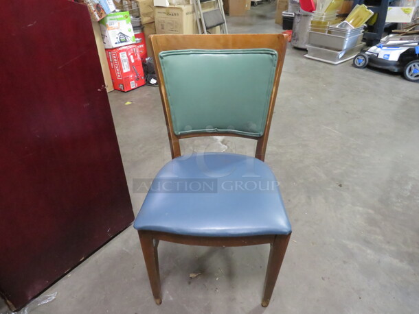 Wooden Chair With Green/Blue Cushioned Seat And Back. 2XBID