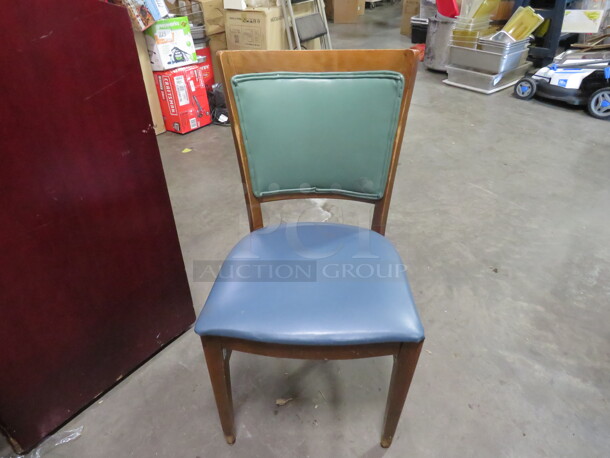 Wooden Chair With Green/Blue Cushioned Seat And Back. 4XBID