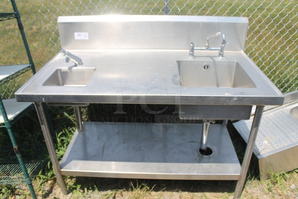 Commercial Stainless Steel 2 Bay Sinks In Different Sizes Both With Faucets And Undershelf On Galvanized Legs