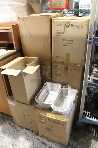 8 Boxes of 24 BRAND NEW Browne Stainless Steel 1/3 Size Drop in Bins. 1/3x4. 8 Times Your Bid!