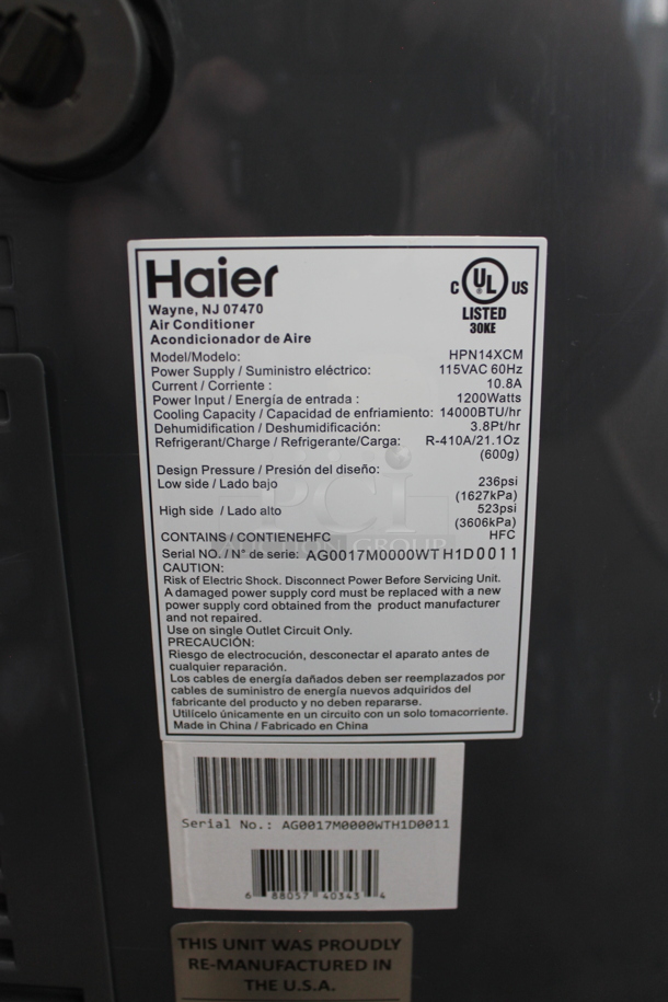 BRAND NEW SCRATCH AND DENT! Haier HPN14XCM Portable Air Conditioner, 14000-BTU. 115 Volts, 1 Phase. Tested and Working! - Image 4 of 5