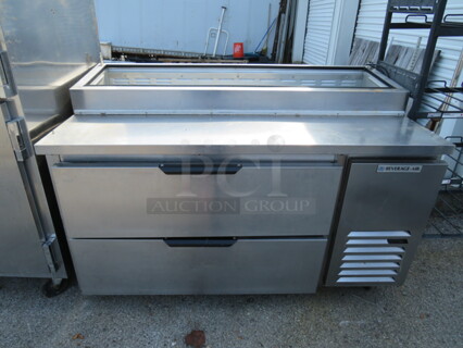 One Working Beverage Air 2 Drawer Refrigerated Prep Table On Casters. 115 Volt. Model# DPD60HC-2. No Lid. 60X34X40.