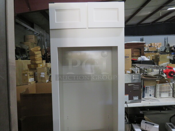 One NEW Echelon Maple Cabinet With 2 Doors, 1 Drawer And Open Cabinet Frame For Double Oven, In An Alpine White Finish. #OV30. 33X25X84