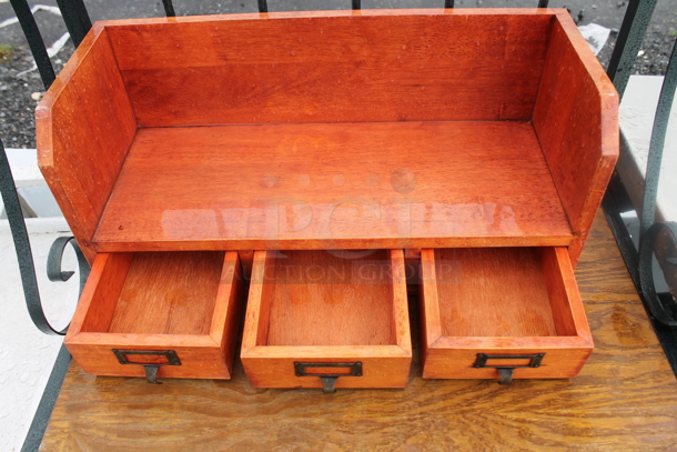 Green Metal Decorative Counter w/ Under Shelves and Over Shelf. Comes w/ 2 Framed Pictures and 3 Drawer Unit. - Image 3 of 3