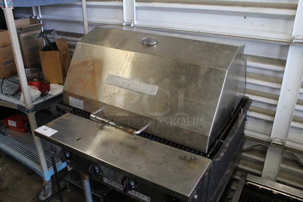 MagiCater Stainless Steel Commercial Floor Style Propane Gas Powered Charbroiler Grill w/ Rolling Lid on Commercial Casters.  - Image 2 of 5