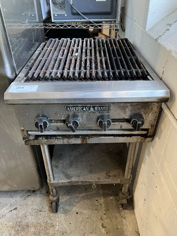 American Range Stainless Steel Commercial Natural Gas Powered Charbroiler Grill on Stainless Steel Equipment Stand w/ Commercial Casters. 24x30x39