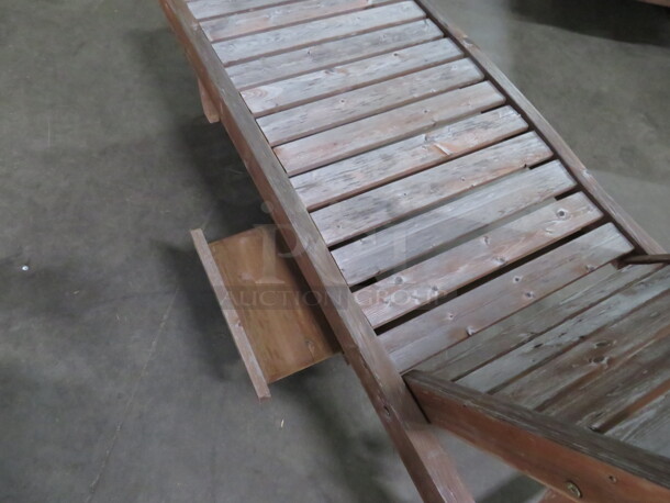 One Adjustable Wooden Chaise Lounger With 2 Wheels, And A Pullout Shelf. Needs A Lil Adjusting. 72X23 - Image 3 of 3