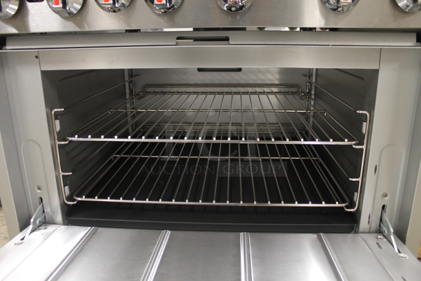BRAND NEW SCRATCH AND DENT! Cooking Performance Group CPG 351S36SUL Stainless Steel Commercial Propane Gas Powered 2 Tier 6 Burner Range w/ Oven, Back Splash and Over Shelf. 210,000 BTU. Tested and Working!
 - Image 7 of 8