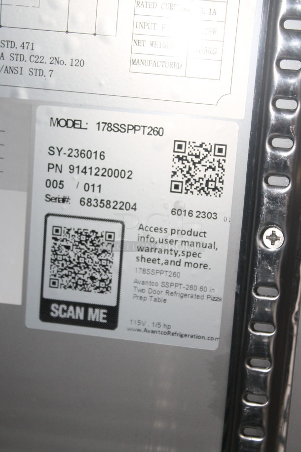 BRAND NEW SCRATCH AND DENT! 2023 Avantco 178SSPPT260 Stainless Steel Commercial Pizza Prep Table on Commercial Casters. 115 Volts, 1 Phase. Tested and Does Not Power On - Image 8 of 9