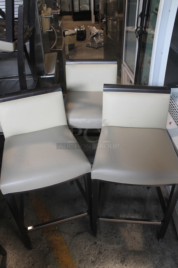 3 Bar Height Vinyl Cream Colored Cushioned Chairs With Brown Legs. Cosmetic Condition May Vary. 3 Times Your Bid! - Image 1 of 5