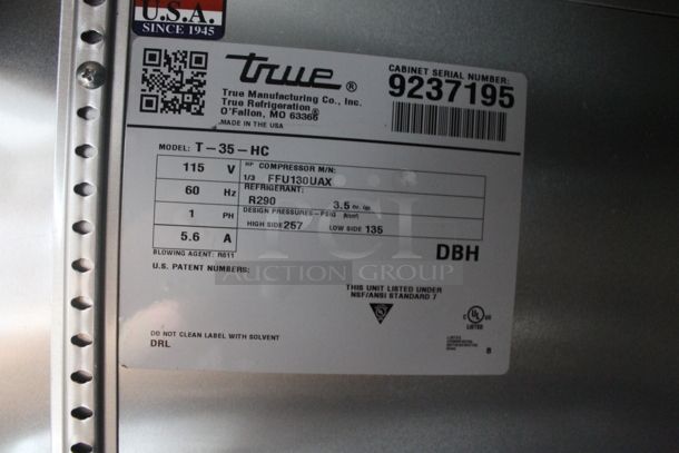 2018 True T-35-HC Stainless Steel Commercial 2 Door Reach In Cooler w/ Poly Coated Racks. 115 Volts, 1 Phase. Tested and Working! - Image 4 of 5