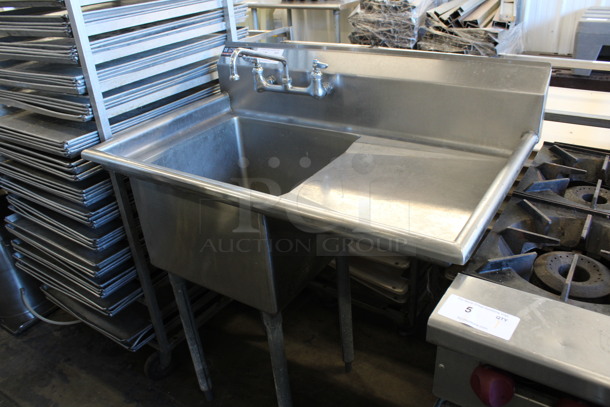 Stainless Steel Commercial Single Bay Sink w/ Right Side Drainboard, Faucet and Handles. 40x24x44. Bay 18x18x12. Drainboard 17x20x1
