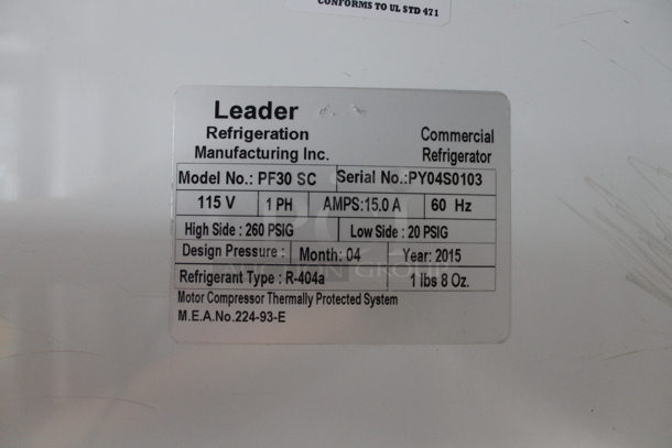2015 Leader PF30 SC Stainless Steel Commercial Single Door Reach In Cooler Merchandiser w/ Poly Coated Racks. 115 Volts, 1 Phase. Tested and Powers On But Does Not Get Cold - Image 8 of 8