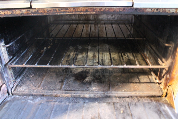 US Range Stainless Steel Commercial Natural Gas Powered 6 Burner Range w/ Salamander Cheese Melter, Oven and Back Splash.  - Image 5 of 5