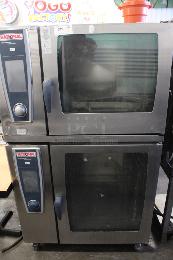 2 Rational Stainless Steel Commercial Combitherm Self Cooking Center Convection Ovens on Commercial Casters. Top Model: SCC WE 62. Bottom Model: SCC WE 102. 480 Volts, 3 Phase. 42x40x73. 2 Times Your Bid!