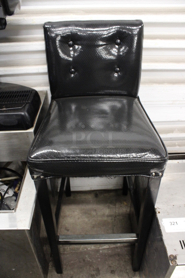2 Black Wood Pattern Bar Height Chairs w/ Black Backrest and Black Seat Cushion. 17x19x41. 2 Times Your Bid!