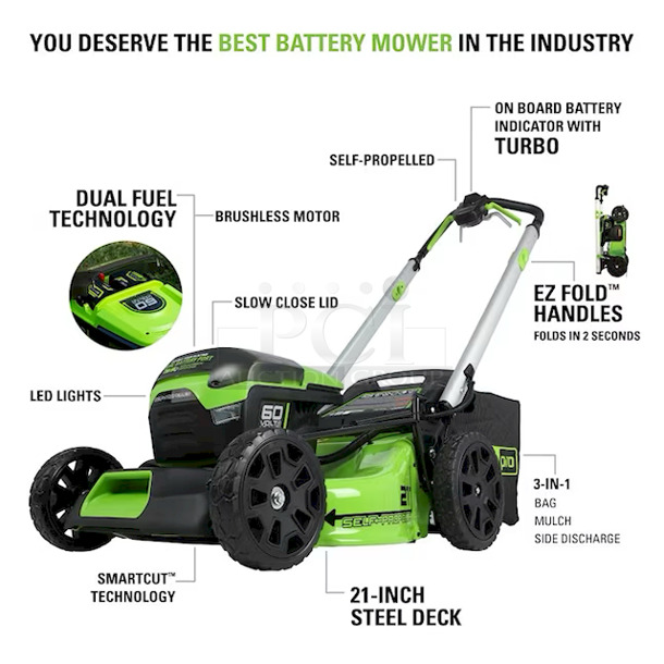 Greenworks Pro 60V 21" Cordless Self-Propelled Lawn Mower w/ 4-in-1 Mowing Capability & Dual-Port Automatic Battery Switchover. Includes Battery & Charger. 3x Your Bid
 - Image 2 of 12