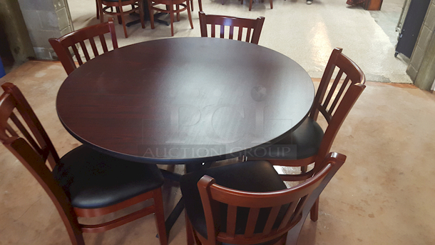 PARTY SIZE! 48" Round Cherry Finish / Black Table Height High Pressure Cafe / Breakroom Table. Overall In great Condition - Chairs Not Included.  - Image 1 of 1
