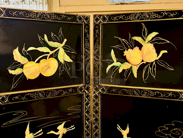 BEAUTIFUL!! Adjustable 4 Panel Room Divider, Different Designs On Front & Back Wood. Minor Signs of Ware, 71” Wide. - Image 4 of 12