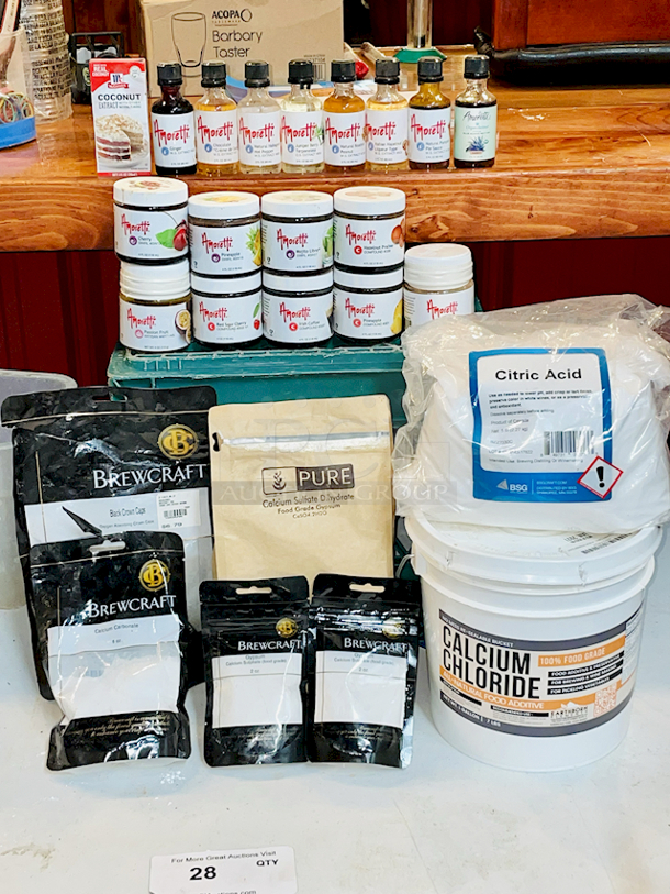 BREWER'S MONSTER LOT: 
Amoretti 2 FL OZ (60 ml) Extracts: Ginger W.S. EXTRACT #522, Chocolate "Crème de Cacao" W.S. Extract #72, Natural Habanero Hot Pepper W.S. Extract 689,  Juniper Berry Terpeneless O.S. Extract #663, Natural Roasted Peanut W.S. Extract #1356, Italian Hazelnut Liqueur Type
W.S. Extract #503, Natural Pumpkin Pie Sauce W.S. Extract 1285, Organolicious
Premium Blue Agave Nectar Amber 
Amoretti 4fl Oz: Cherry Marbleizing Swirl #SW12-V1, Pineapple Marbleizing Swirl #SW16, Mojito Marbleizing Swirl #SW27, Hazelnut Compound #336, Passion Fruit ARTISAN #ART1-NS, Red Sour Cherry COMPOUND #302-V1, Irish Coffee
COMPOUND #3087, Pineapple COMPOUND #301, Marshmallow W.S. EXTRACT #1010, Chai "Tea" COMPOUND #399, Lychee COMPOUND #384, Wine Blossom COMPOUND #3036, Pineapple ARTISAN #ART10, Coconut
SWIRL #SW17, Blood Orange SWIRL #SW383-VI, 
McCormick Coconut Extract
Beer Craft: Black Crown Caps, Calcium Carbonate, Gypsum x2, 
Pure: Calcium Sulfate Dihydrate Gypsum
Citric Acid & Calcium Chloride - Image 1 of 11