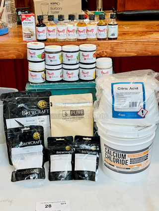 BREWER'S MONSTER LOT: 
Amoretti 2 FL OZ (60 ml) Extracts: Ginger W.S. EXTRACT #522, Chocolate "Crème de Cacao" W.S. Extract #72, Natural Habanero Hot Pepper W.S. Extract 689,  Juniper Berry Terpeneless O.S. Extract #663, Natural Roasted Peanut W.S. Extract #1356, Italian Hazelnut Liqueur Type
W.S. Extract #503, Natural Pumpkin Pie Sauce W.S. Extract 1285, Organolicious
Premium Blue Agave Nectar Amber 
Amoretti 4fl Oz: Cherry Marbleizing Swirl #SW12-V1, Pineapple Marbleizing Swirl #SW16, Mojito Marbleizing Swirl #SW27, Hazelnut Compound #336, Passion Fruit ARTISAN #ART1-NS, Red Sour Cherry COMPOUND #302-V1, Irish Coffee
COMPOUND #3087, Pineapple COMPOUND #301, Marshmallow W.S. EXTRACT #1010, Chai "Tea" COMPOUND #399, Lychee COMPOUND #384, Wine Blossom COMPOUND #3036, Pineapple ARTISAN #ART10, Coconut
SWIRL #SW17, Blood Orange SWIRL #SW383-VI, 
McCormick Coconut Extract
Beer Craft: Black Crown Caps, Calcium Carbonate, Gypsum x2, 
Pure: Calcium Sulfate Dihydrate Gypsum
Citric Acid & Calcium Chloride