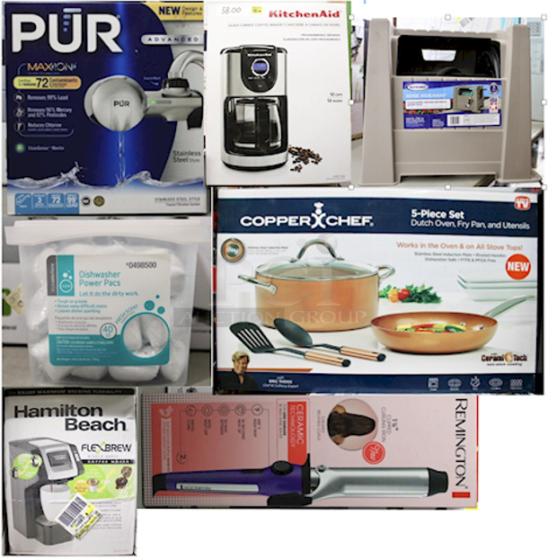 SWEET LOT!! (1) Copper Chef 5pc Set, (1) Hmailton Beach Flex Brew, (1) KitchenAid Glass Carafe Coffee Maker, (2) Remington Ceramic Curling Iron, (2) Style Selections Dishwasher Power Pacs #0498500, (1) PUR Stainless Steel Water Filtration & Suncast 100 ft. Outdoor Hose Hideaway, Tan   7x Your Bid