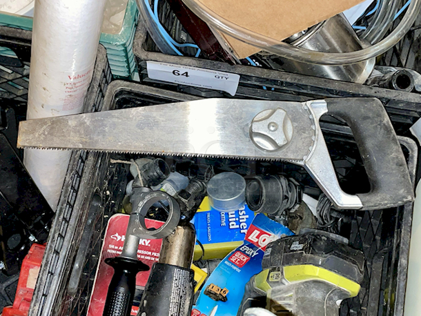 ALL FOR ONE! Crate Full Of Various Tools & Parts: Ryobi Reciprocating Saw, Heat Gun Caulk Gun, ¼” Air Compressor Filter, Hand Saw, Handle and More  - Image 7 of 8
