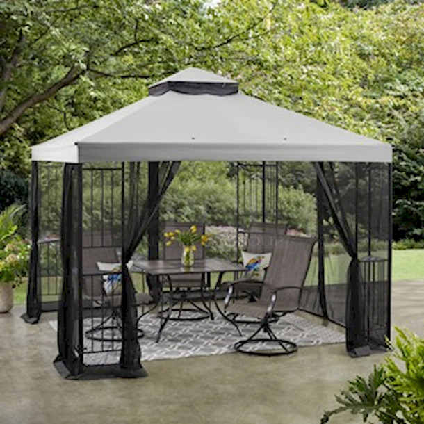 BEAUTIFUL! Mainstays 10ft x 10ft Wide Easy Assembly Outdoor Furniture Patio Gazebo. Includes: Fade-resistant fabric, Mosquito netting, Heavy-duty powder-coated steel frame, Spiral ground stakes, Deck-mount optional
120" X 120" X 111.8" - Image 1 of 6