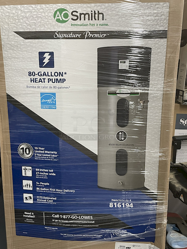 NEW / NEVER USED!! [3] A.O. Smith Signature 900 Premier – Model: HP10-80H45DV – 80-Gallon 10-YEAR HYBRID HIGH EFFICIENCY ELECTRIC HEAT PUMP WATER HEATER – Ideal Hot Water Delivery For Households W/ 5+ People, 208-240v, (2) Back-Up 4500-Watt Copper Heating Elements, Delivers 82 Gallons In 1st Hour. 27” x 69”. 3x Your Bid  - Image 2 of 3