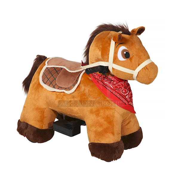AWESOME!! 6 Volt Stable Buddies Chestnut Horse Plush Ride-On by Dynacraft, with Removable Bandana and Play Stable Included! 30.71"L x 17.72"W x 26.77"H - Image 4 of 9