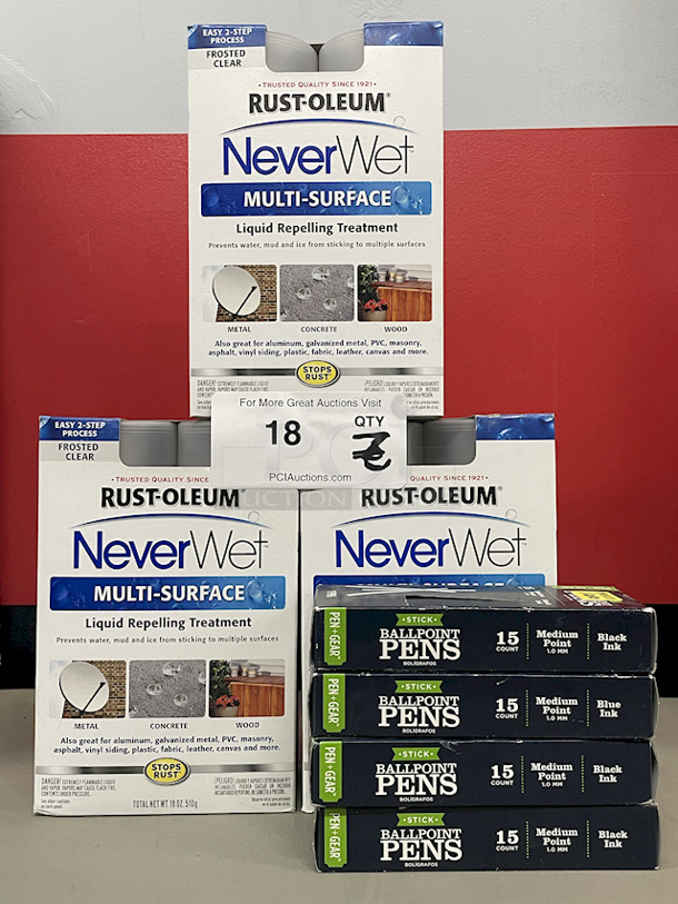 AWESOME!! [3] Rust-Oleum NeverWet MULTI-SURFACE Liquid Repelling Treatments and [4] Boxes of Pen+Gear 15 Count Ball Point Pens - Blue & Black Ink - Image 1 of 3