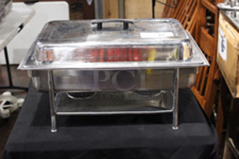 Full Size Chafer w/ Lift Off Lid. 8 quart, full-size, welded frame, dripless water pan, lift-off cover with plastic handle, duel fuel holder, stainless steel, mirror-finish