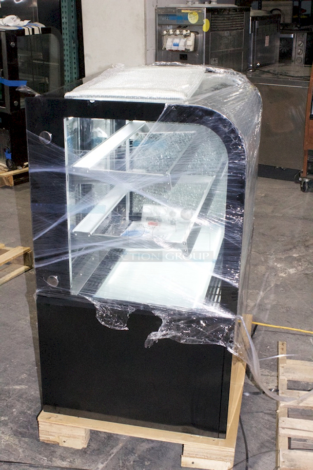 Avantco BC-36-HC 36" Curved Glass Black Refrigerated Bakery Display Case On Commercial 2" Casters With Adjust Glass Shelves & LED Lighting. Tested. Works Perfect. Exterior/Outer Glass is Damaged on Right Side. Interior Glass Is Fine. See Photos. - Image 5 of 5