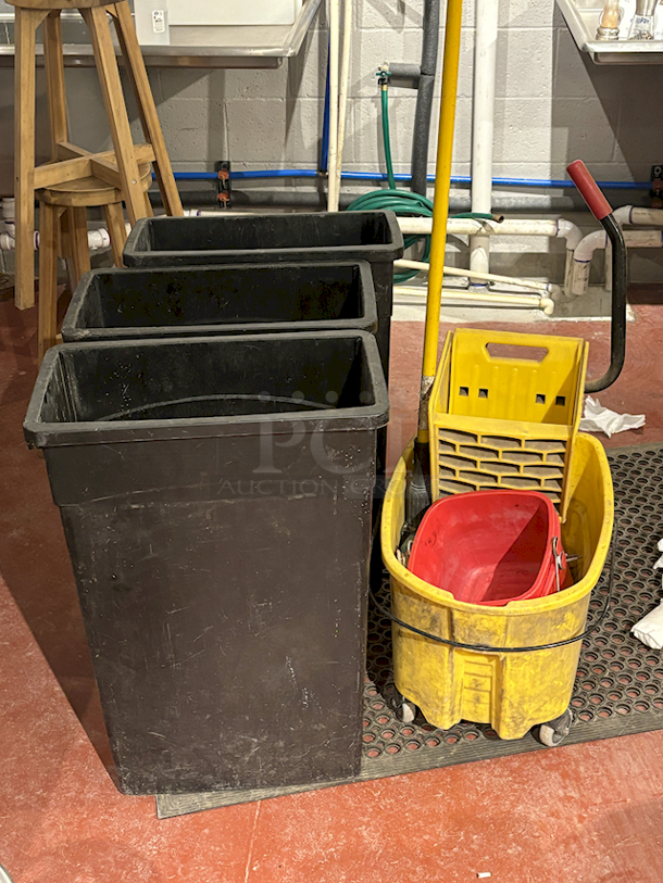 AWESOME! 3 Trash Cans, Sanitary Buckets (Red) and Mop Bucket With Mop. 4x Your Bid - Image 1 of 2
