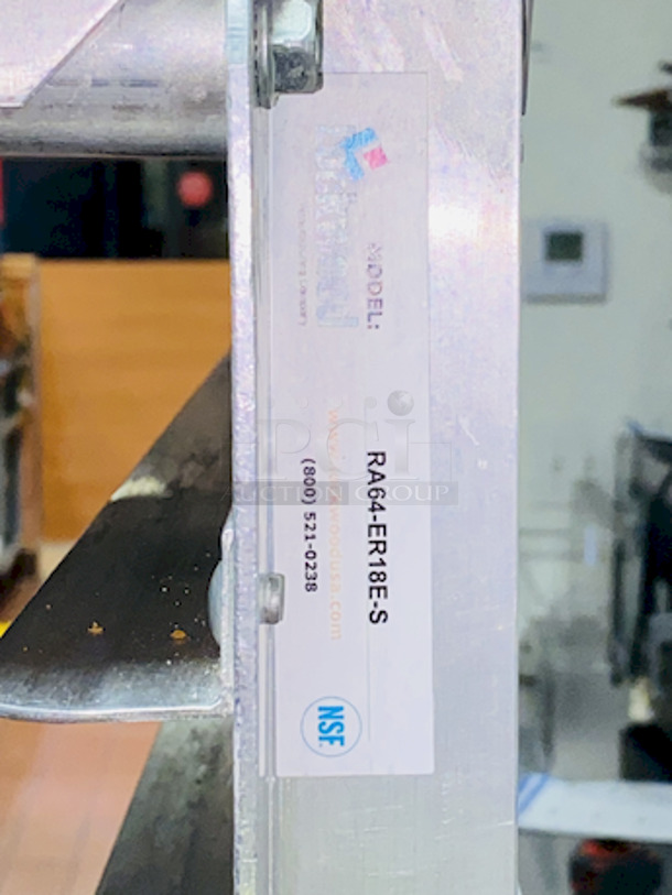 ALMOST PERFECT! Lockwood RA64-ER18ES Intermediate Height 18 Level 64" End Load Rack.
Condition: 8/10 
A hard working, versatile line of racks
Construction: High tensile extruded aluminum
Dimensions: 64"H x 21 3/8"W x 26 1/2"D
Tray supports: 1-1/2″ wide extruded pan supports riveted to uprights
Center Spacing: 3"
Pan Capacity: (18) 18" x 26" pans
Casters: 5" non-marking swivel threaded stem
Actual Weight: 45 lbs. - Image 6 of 6