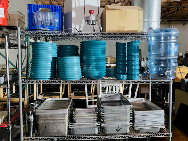 EVERYTHING ON THE SHELVES! Includes 8 Perforated Full Size Pans (2” Deep”), 46 Stainless Steel Milkshake Cups, 3 Full Size Pans (4” Deep), (3) 6” Deep 1/3 Pans, ¼ Pan, 4” Deep Full size Pans, (79)  Aladin Temp-Rite Induction Heated Dishes With (39) Covers and (25) Bowls,  San Jamar SAF-T-ICE Tote. 