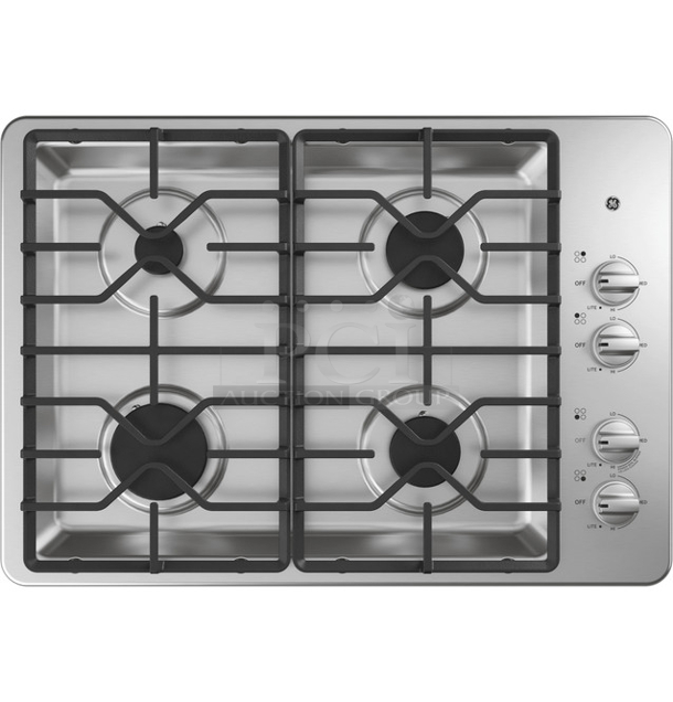 GE® JGP3030SL1SS 30" Built-In Gas Cooktop with Dishwasher-Safe Grates. 120V; 60Hz; 5A Front Left 15,000BTU Power Boil, Left Rear 5,000 BTU, Right Front: 9,500BTU, Right Rear: 12,500 BTU. Serial Number: RS046568Q - Image 1 of 8