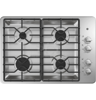 GE® JGP3030SL1SS 30" Built-In Gas Cooktop with Dishwasher-Safe Grates. 120V; 60Hz; 5A Front Left 15,000BTU Power Boil, Left Rear 5,000 BTU, Right Front: 9,500BTU, Right Rear: 12,500 BTU. Serial Number: RS046568Q