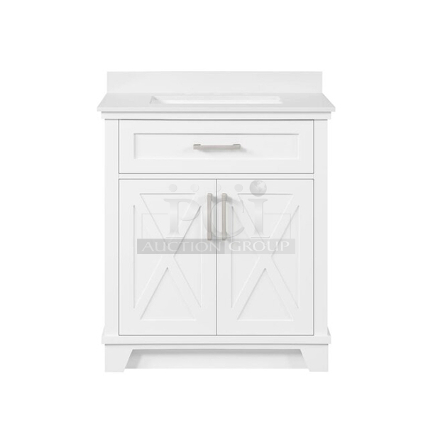 BRAND NEW!! allen + roth Oliver 30-in White Undermount Single Sink Bathroom Vanity with White Finish Cultured Stone Top. Freestanding 30-in wide x 34.5-in high x 22-in deep solid wood white vanity with matte black hardware included
Includes 2 sets of hardware - matte black (installed) and brushed nickel
White engineered stone countertop with straight edge profile and matching 3-in backsplash - Image 4 of 4