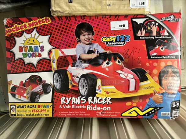 IN THE BOX!! Ryan's World 6 Volt Ryan's Racer Battery Powered Ride-on. Features max speed of 4 MPH, Forward and Reverse. Comes with Battery and Charger. Box has cut-outs on the Inside and Ryan Sticker sheet to personalize your ride!